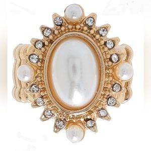 Pearl Oval Rhinestone Gem with Sunburst Halo Stretch Ring
